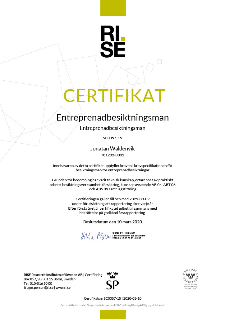 Av RISE certifierad besiktningsman, AV SP certifierad besiktningsman, entreprenadbesiktningsman